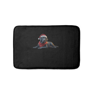 Black Labrador at Christmas in Santa Hat and Scarf Bath Mat
