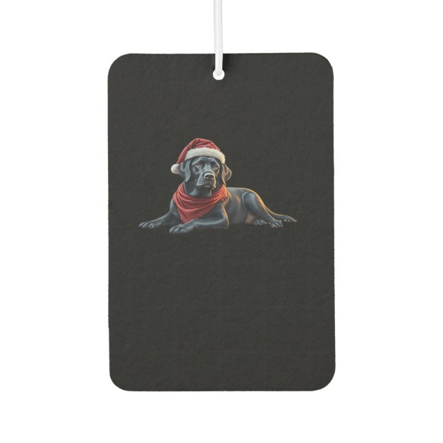 Black Labrador at Christmas in Santa Hat and Scarf Car Air Freshener (Front)