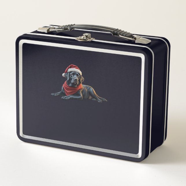 Black Labrador at Christmas in Santa Hat and Scarf Metal Lunch Box (Front)