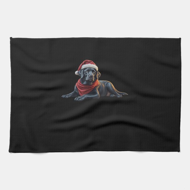Black Labrador at Christmas in Santa Hat and Scarf Tea Towel (Horizontal)