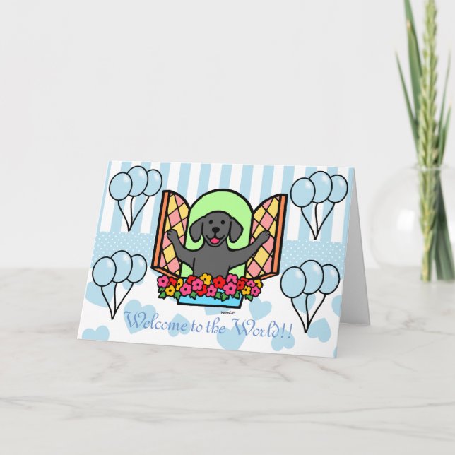 Black Labrador Blue New Baby Boy Congratulations Card (Front)