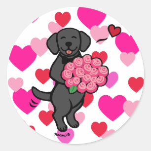Black Labrador Cartoon Valentine Hearts Classic Round Sticker