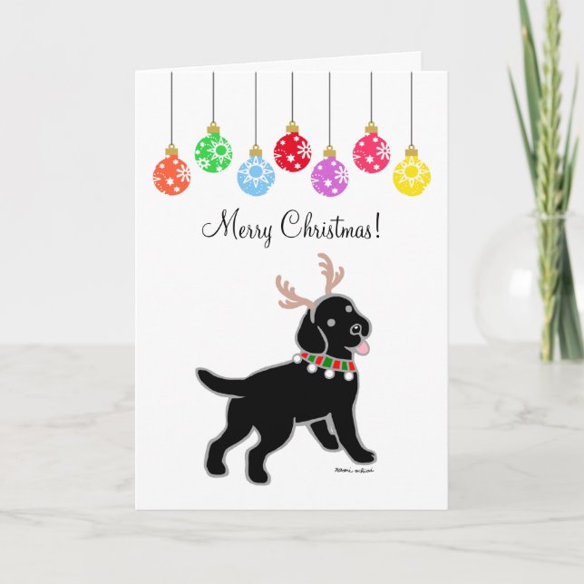 Black Labrador Christmas Antlers and Ornaments Holiday Card (Front)