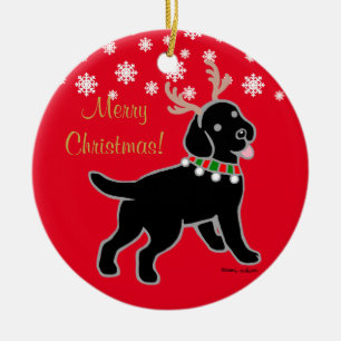 Black Labrador Christmas Antlers Ceramic Tree Decoration