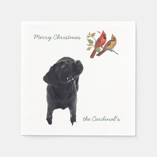 Black Labrador Christmas Cardinals Cute Dog Napkin (Front)