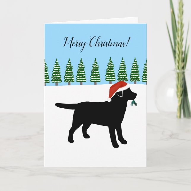 Black Labrador Christmas Evergreen Santa Hat Holiday Card (Front)