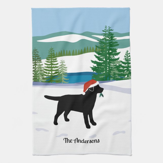 Black Labrador Christmas Evergreen Santa Hat Tea Towel (Vertical)