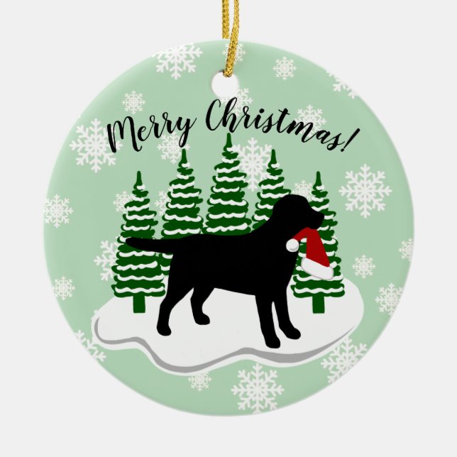 Black Labrador Christmas Evergreen Snowflakes Ceramic Tree Decoration (Front)