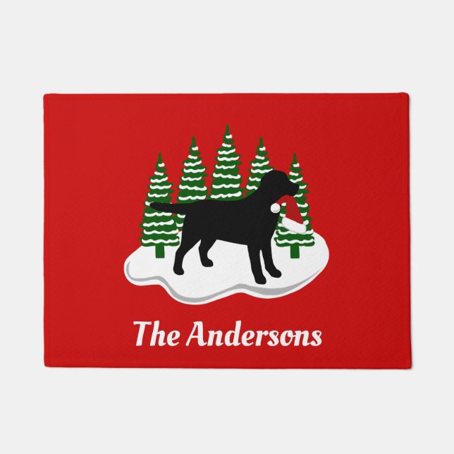Black Labrador Christmas Evergreen Trees Doormat (Front)