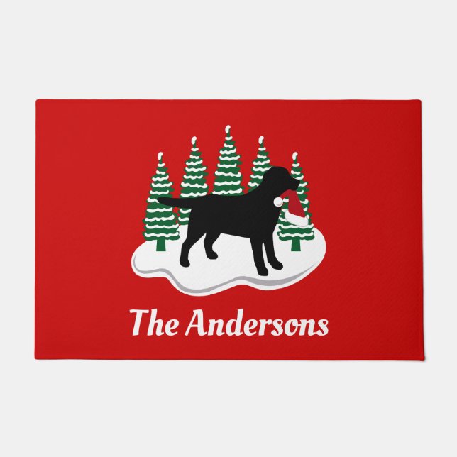 Black Labrador Christmas Evergreen Trees Doormat (Front)