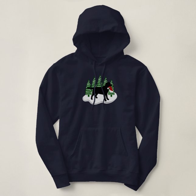 Black Labrador Christmas Evergreen Trees Hoodie (Design Front)
