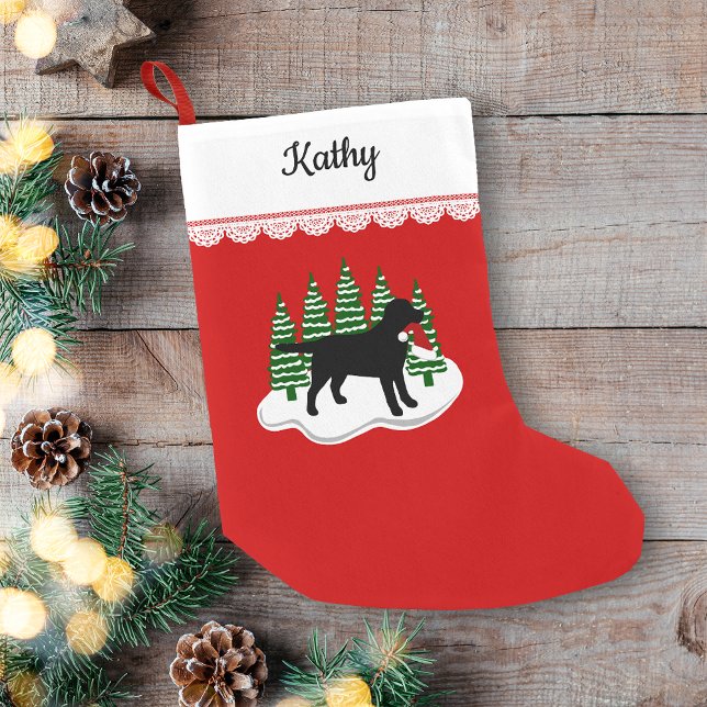 Black Labrador Christmas Evergreen Trees Small Christmas Stocking (Personalized Black Labrador Christmas Evergreen Trees Design Christmas Stocking for Labrador Owners.)