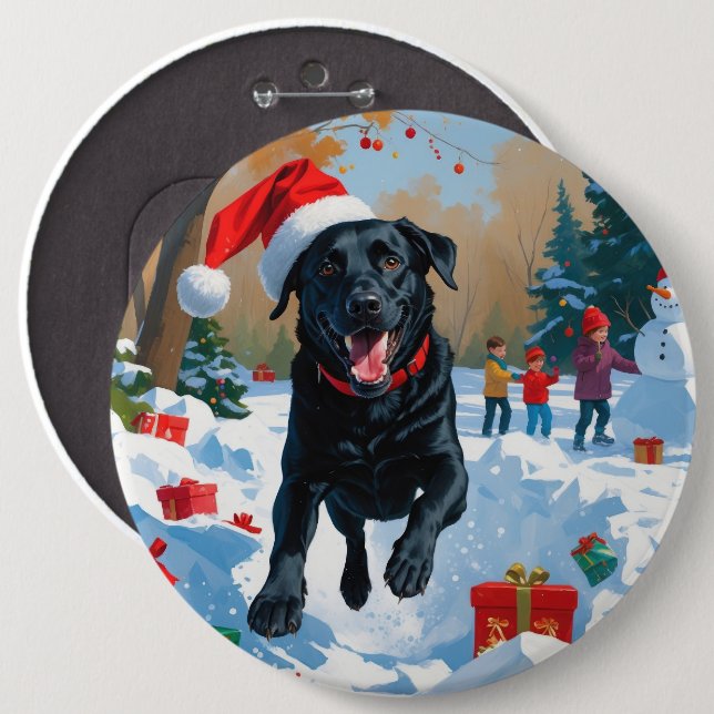 Black Labrador Christmas Festive Snow Scene  6 Cm Round Badge (Front & Back)
