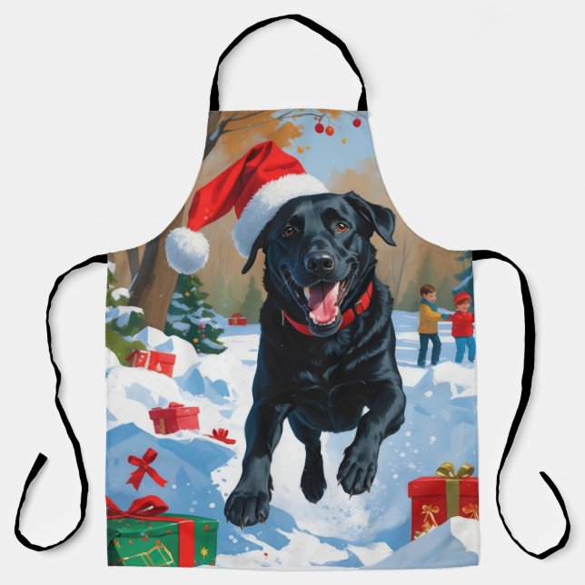 Black Labrador Christmas Festive Snow Scene  Apron (Front)