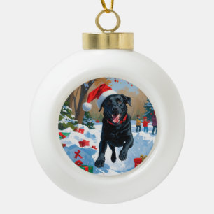 Black Labrador Christmas Festive Snow Scene  Ceramic Ball Christmas Ornament