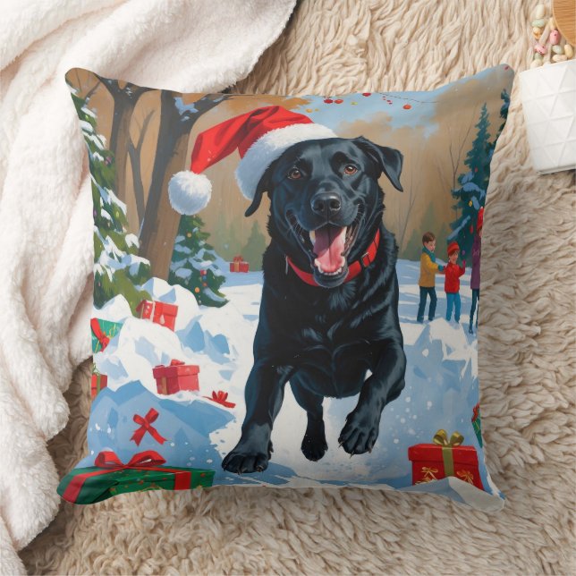 Black Labrador Christmas Festive Snow Scene  Cushion (Blanket)