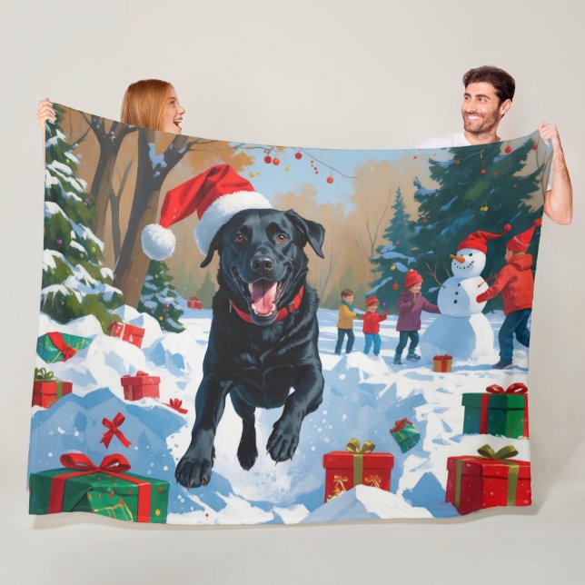 Black Labrador Christmas Festive Snow Scene  Fleece Blanket (In Situ)