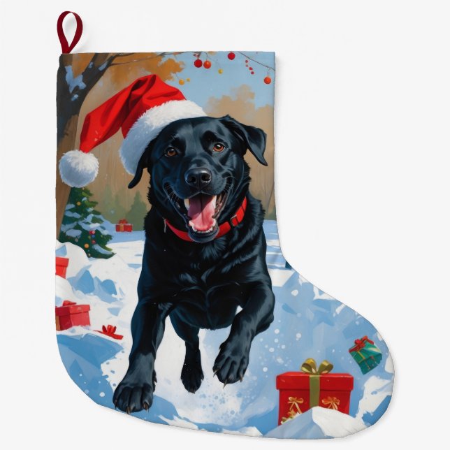 Black Labrador Christmas Festive Snow Scene  Large Christmas Stocking (Front)