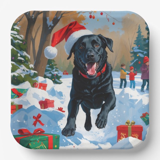 Black Labrador Christmas Festive Snow Scene  Paper Plate (Front)