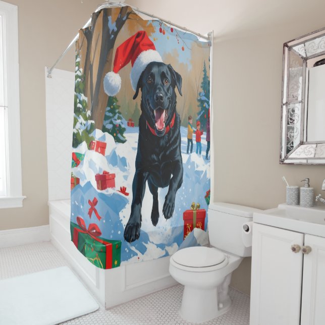 Black Labrador Christmas Festive Snow Scene  Shower Curtain (In Situ)