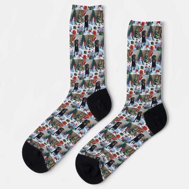 Black Labrador Christmas Festive Snow Scene  Socks (Left)