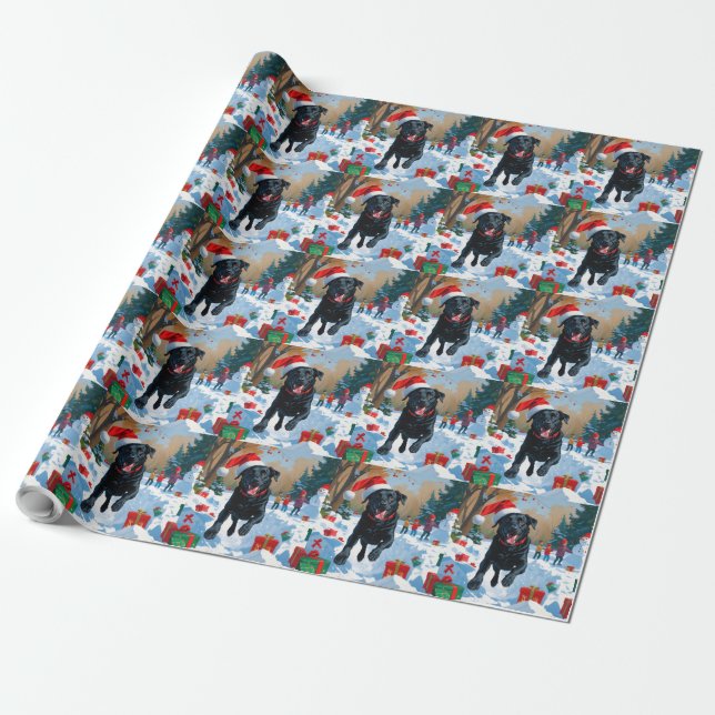 Black Labrador Christmas Festive Snow Scene  Wrapping Paper (Unrolled)