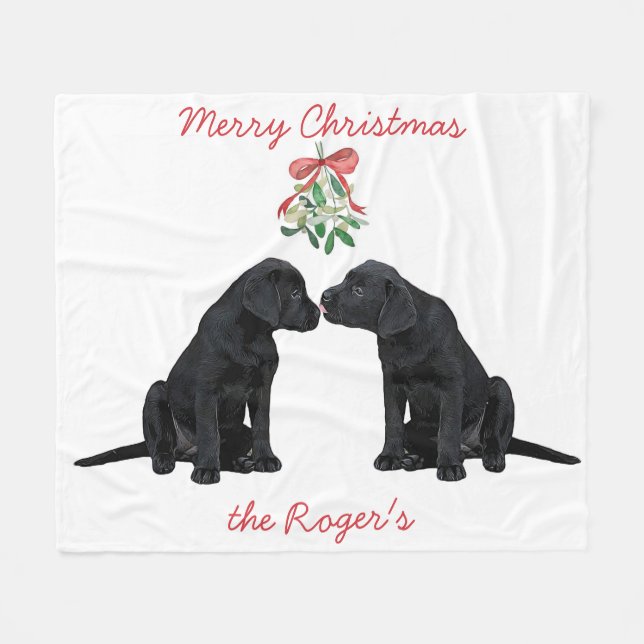 Black Labrador Christmas Puppy Fleece Blanket (Front (Horizontal))