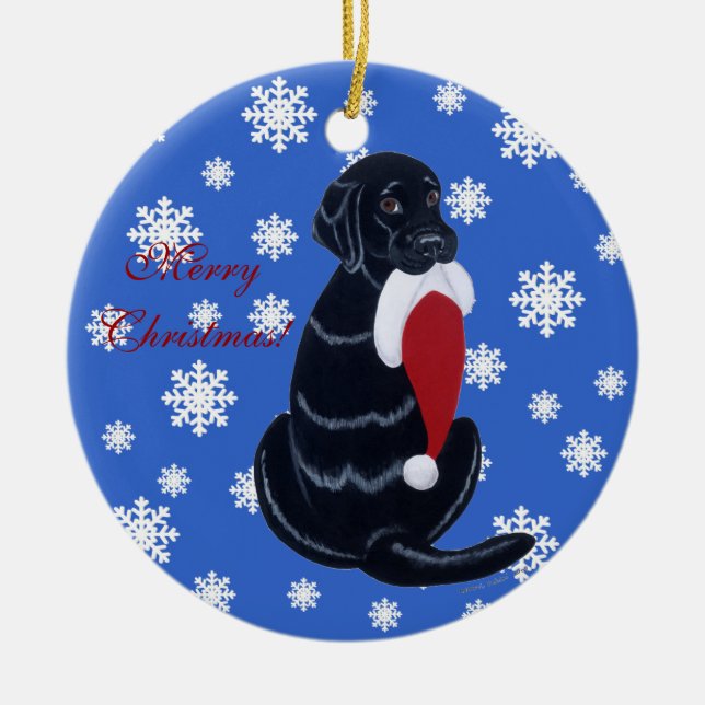 Black Labrador Christmas Santa Hat Snowflake Ceramic Tree Decoration (Front)