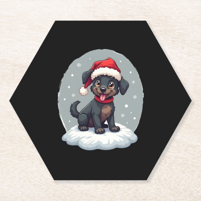 Black Labrador Christmas Santa Hat Xmas Pajama T-S Paper Coaster (Front)