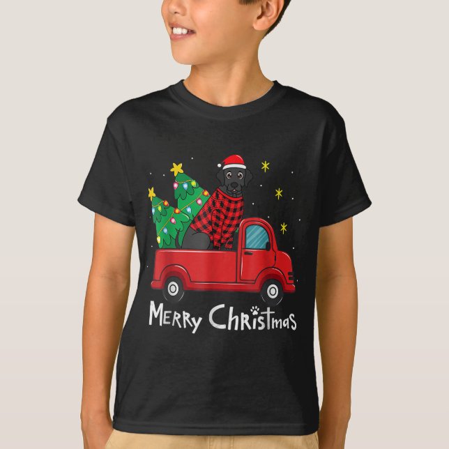 Black Labrador Christmas Truck Tree Red Plaid Dog  T-Shirt (Front)