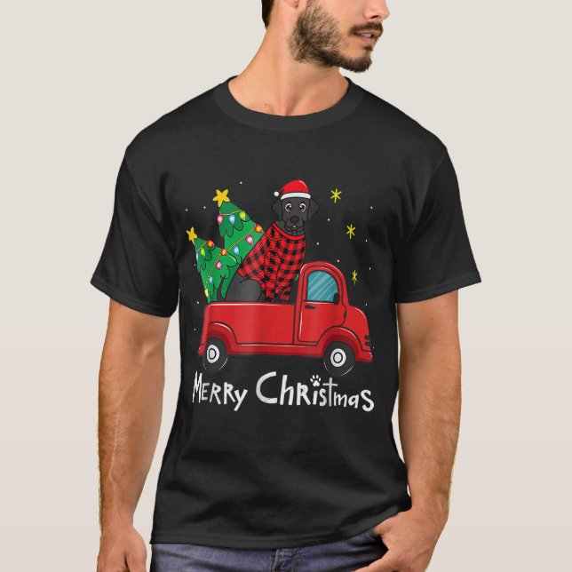 Black Labrador Christmas Truck Tree Red Plaid Dog  T-Shirt (Front)