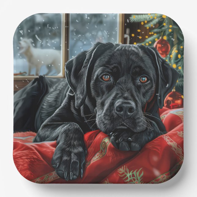 Black Labrador Dog Christmas Festive Paper Plate (Front)