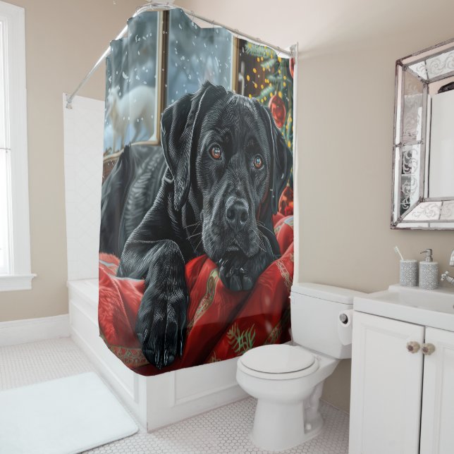 Black Labrador Dog Christmas Festive Shower Curtain (In Situ)