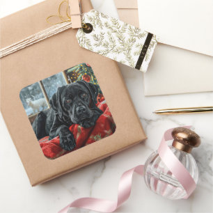 Black Labrador Dog Christmas Festive Square Sticker