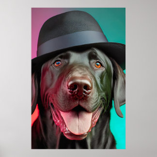 Black Labrador Dog in Fedora Hat Colourful Vibrant Poster
