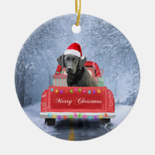 Black Labrador Dog in Snow sitting in Christmas  Ceramic Tree Decoration