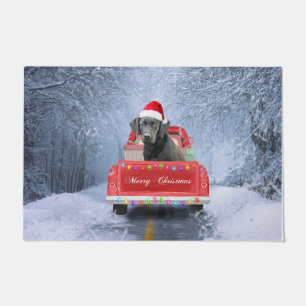 Black Labrador Dog in Snow sitting in Christmas  Doormat