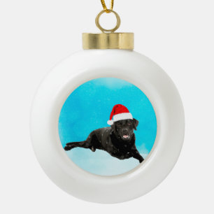 Black Labrador Dog Sitting in Snow Christmas Ceramic Ball Christmas Ornament
