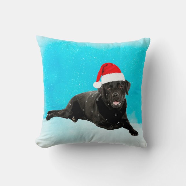 Black Labrador Dog Sitting in Snow Christmas Cushion (Front)