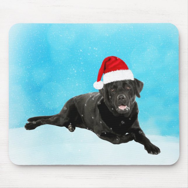 Black Labrador Dog Sitting in Snow Christmas Mouse Mat (Front)