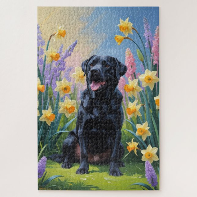 Black Labrador Dog Spring Flowers Painting Jigsaw Puzzle (Vertical)
