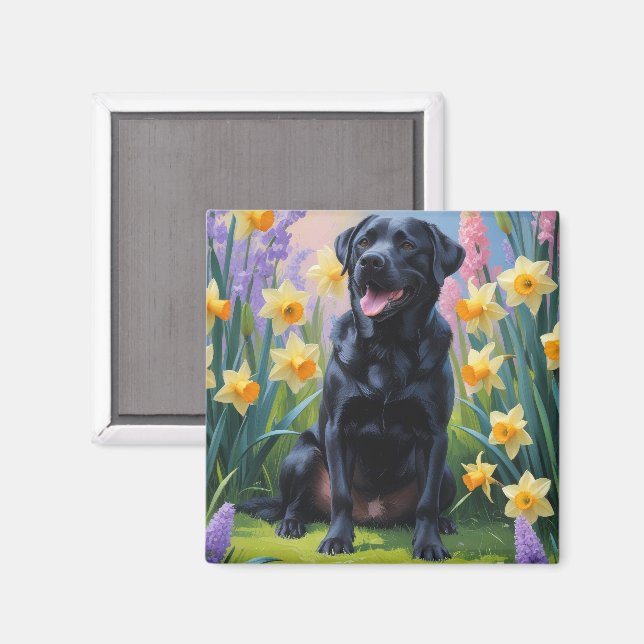 Black Labrador Dog Spring Flowers Painting Magnet (Front/Back)