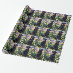 Black Labrador Dog Spring Flowers Painting Wrapping Paper