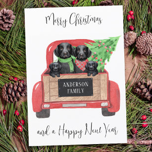 Black Labrador Dogs Red Truck Merry Christmas  Card