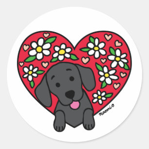 Black Labrador Floral Heart Classic Round Sticker