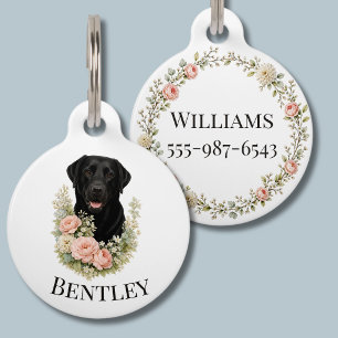 Black Labrador Floral Portrait Pet Tag