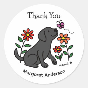Black Labrador Flowers Cartoon Classic Round Sticker