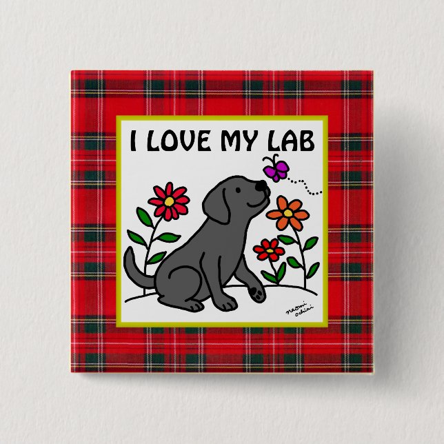 Black Labrador & Green Tartan 15 Cm Square Badge (Front)