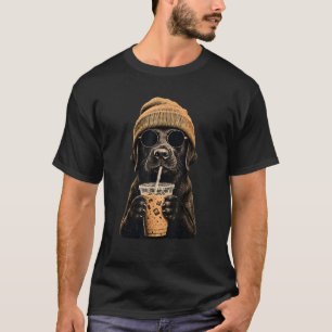 Black Labrador Hipster Dog Drinking Iced Coffee T-Shirt