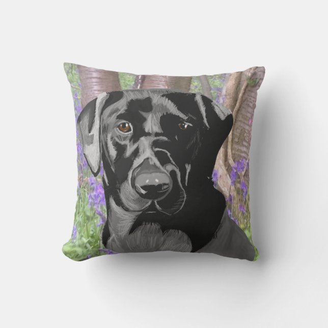 Black Labrador in a Bluebell Wood Cushion (Front)